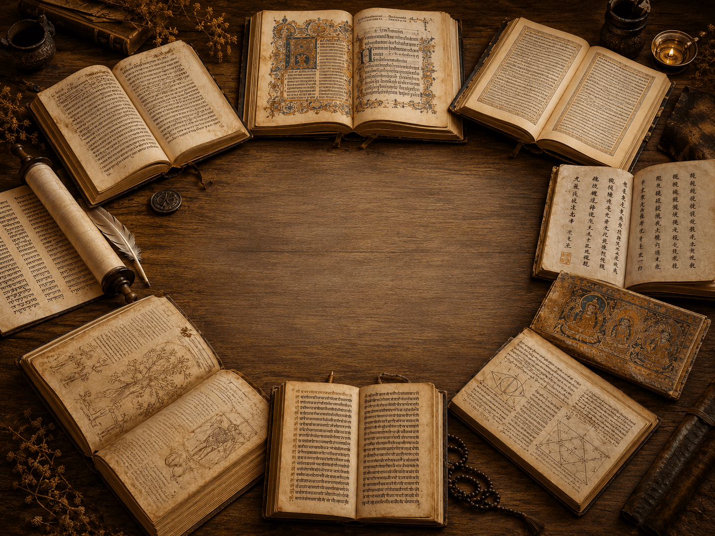A circle of open sacred and philosophical texts arranged around an empty center