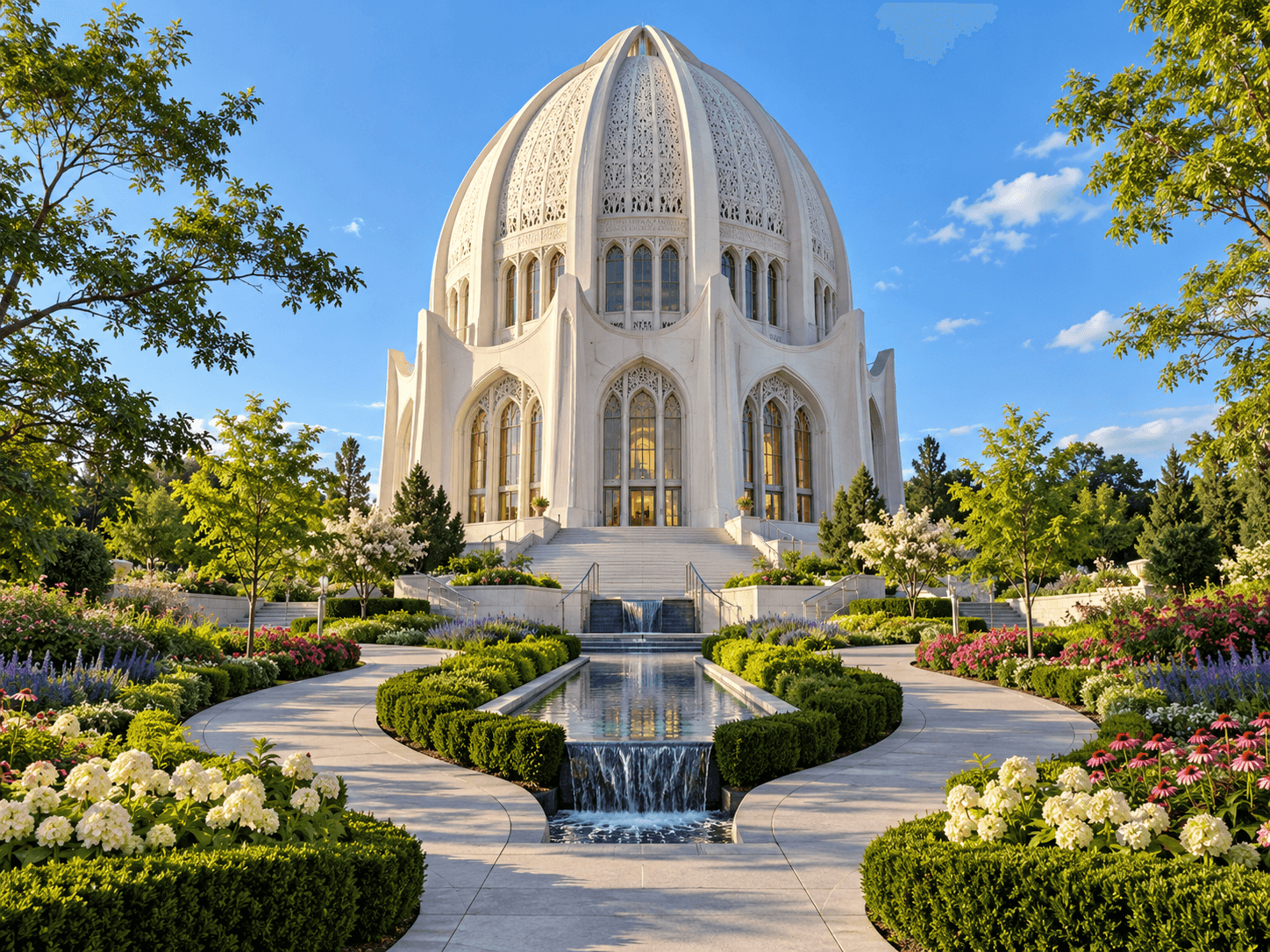 Exterior of a Bahá’í House of Worship with landscaped paths beneath a clear sky.