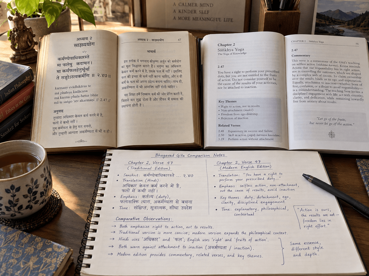 Two open editions of the Bhagavad Gita beside notes comparing the same numbered verses