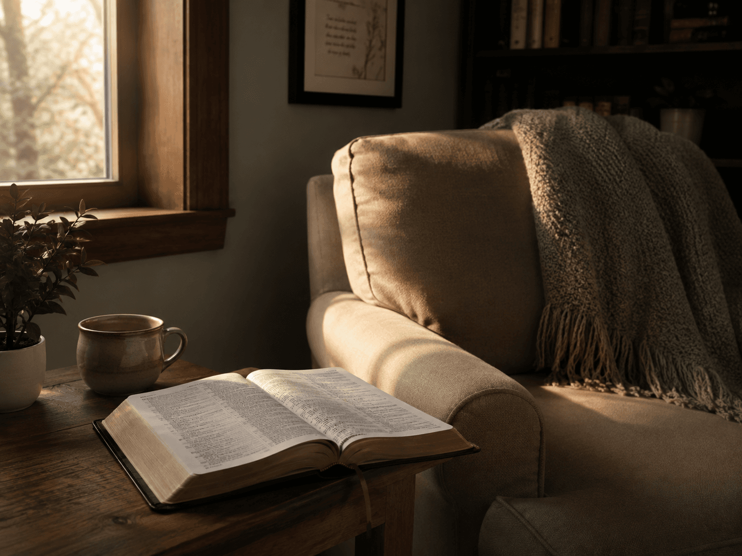 An open Bible beside a softly lit chair and an empty cup in a quiet room