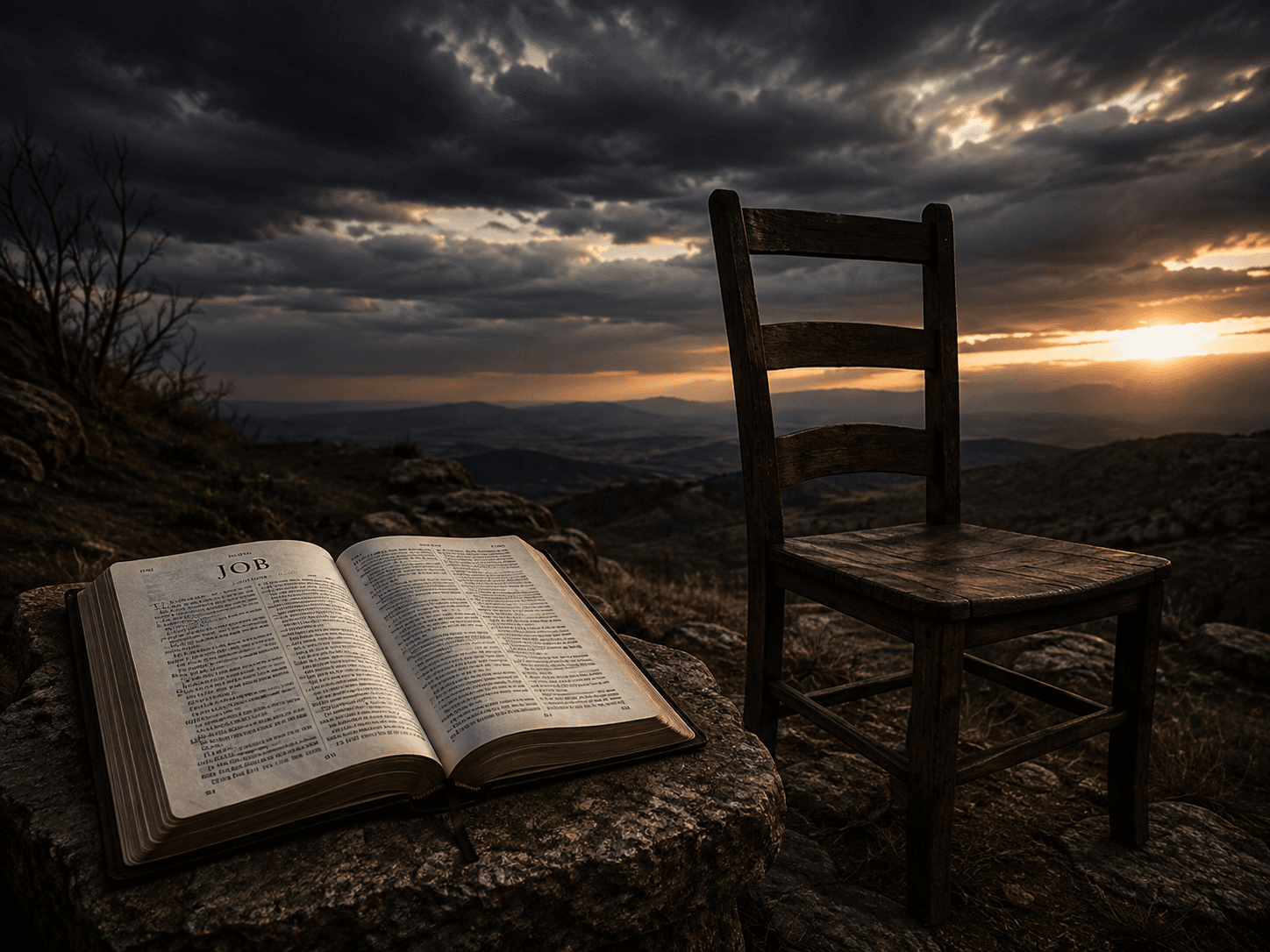An open Book of Job beside an empty chair under a darkening sky