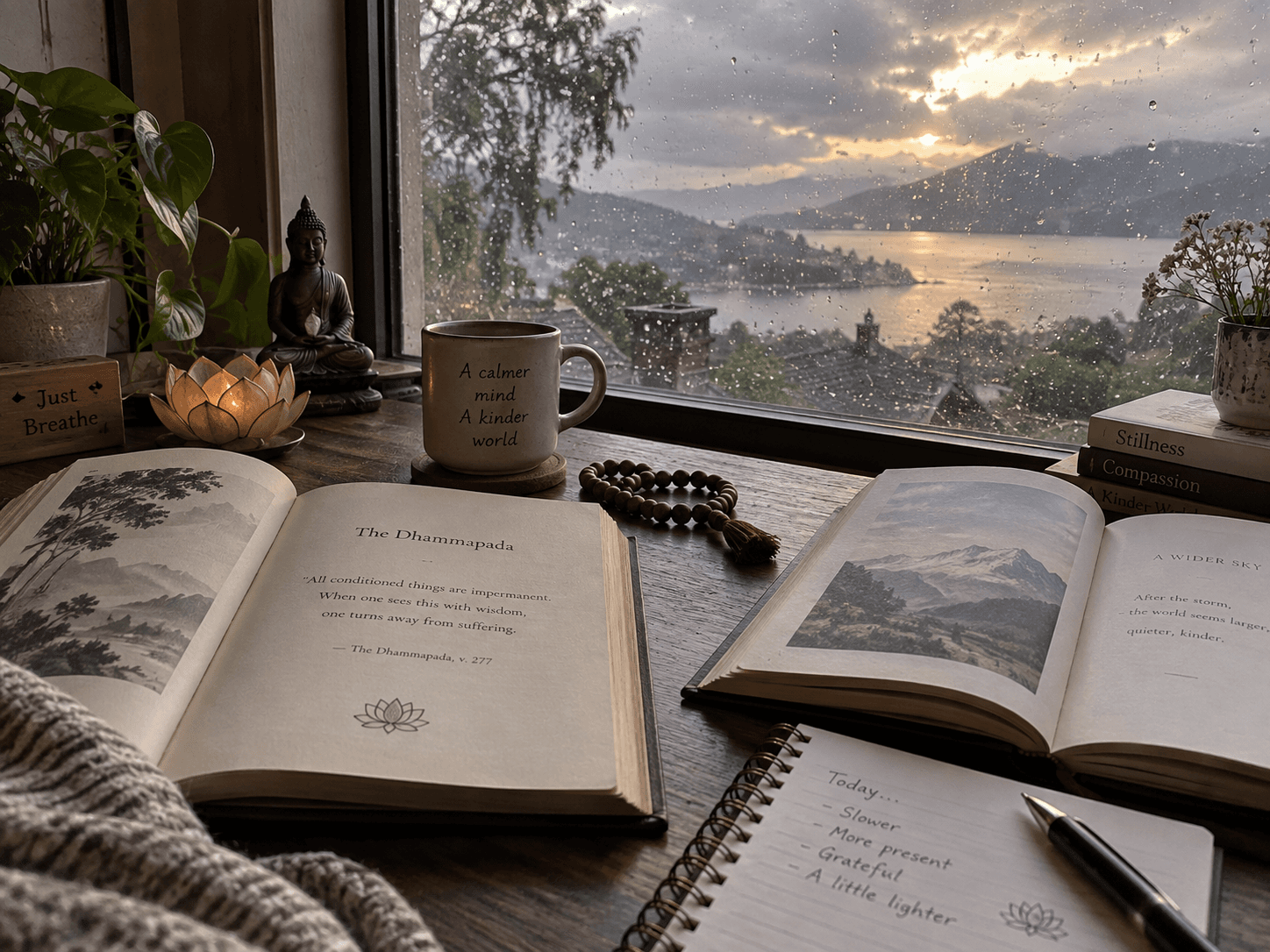 Two open books and a notebook beside a window with rain clearing outside.
