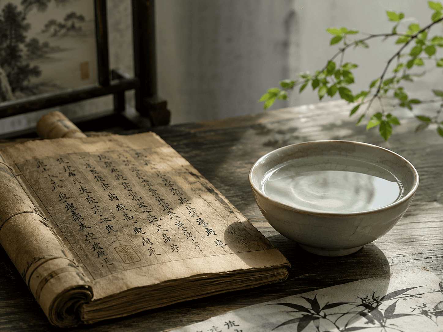 An ancient Chinese text beside a bowl of water reflecting soft natural light