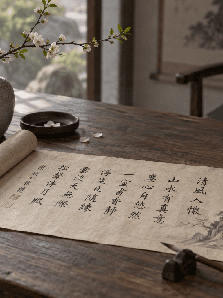 A Chinese classical text beside a simple ceramic vessel on a quiet wooden table