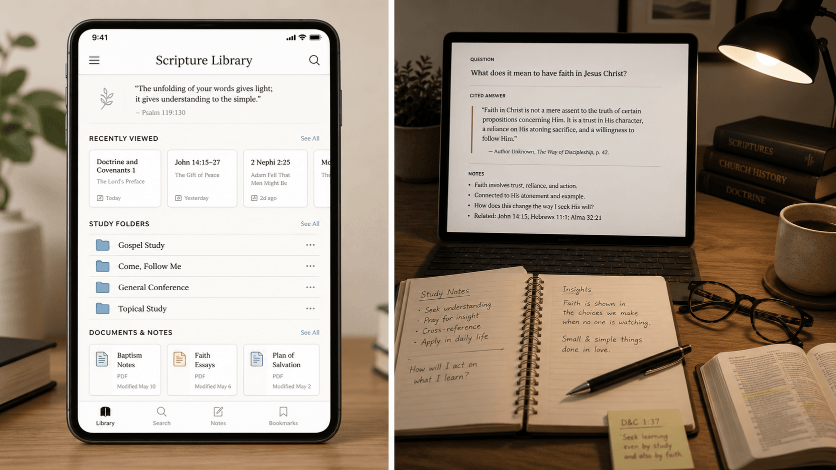 Comparison of a mobile scripture library and a citation-aware sacred-text study workspace.