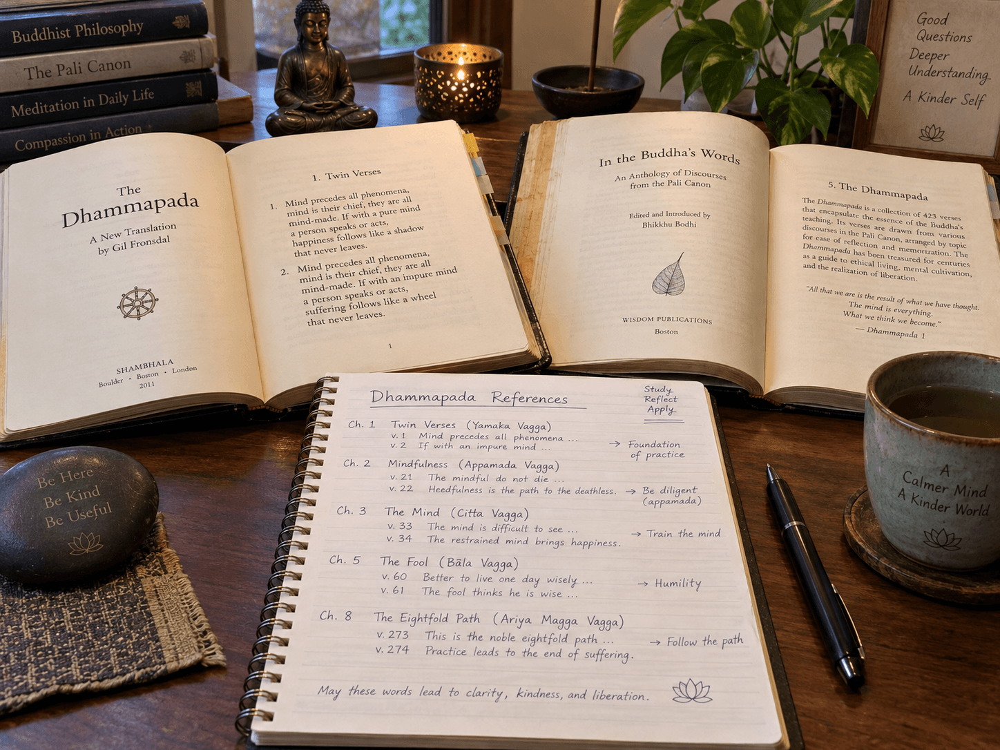 Two open books beside a notebook recording chapter and verse references