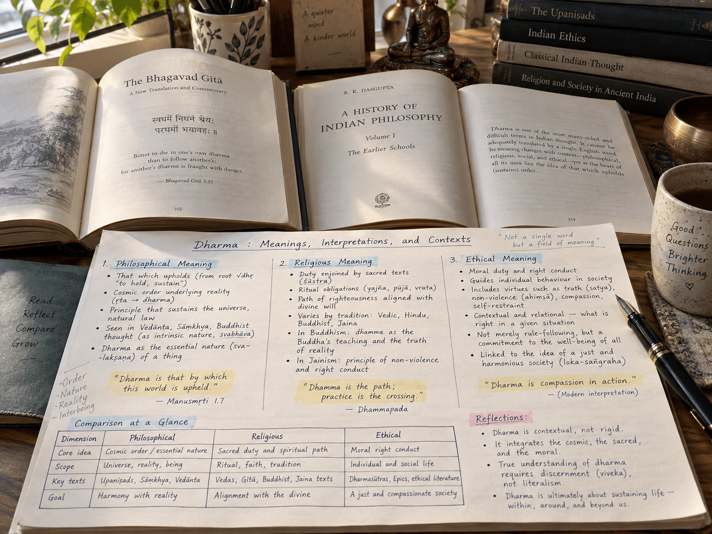 Two open books beside reading notes comparing the meanings of dharma