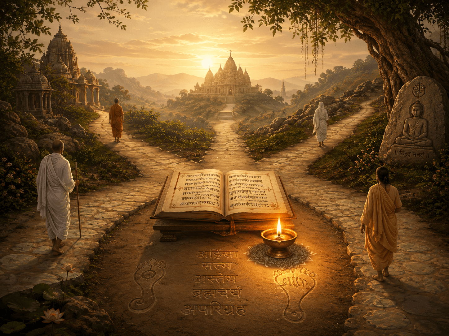 Four separate paths converging near an open Jain manuscript and a small lamp