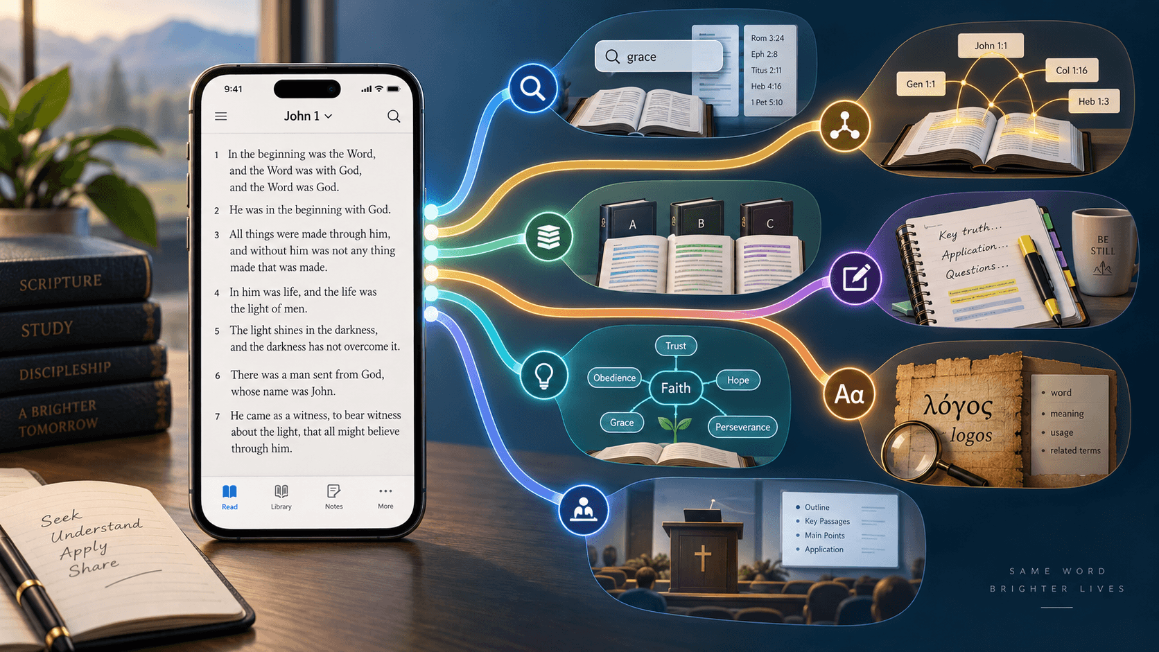 Several paths leading from a mobile scripture app to different sacred-text research workflows.