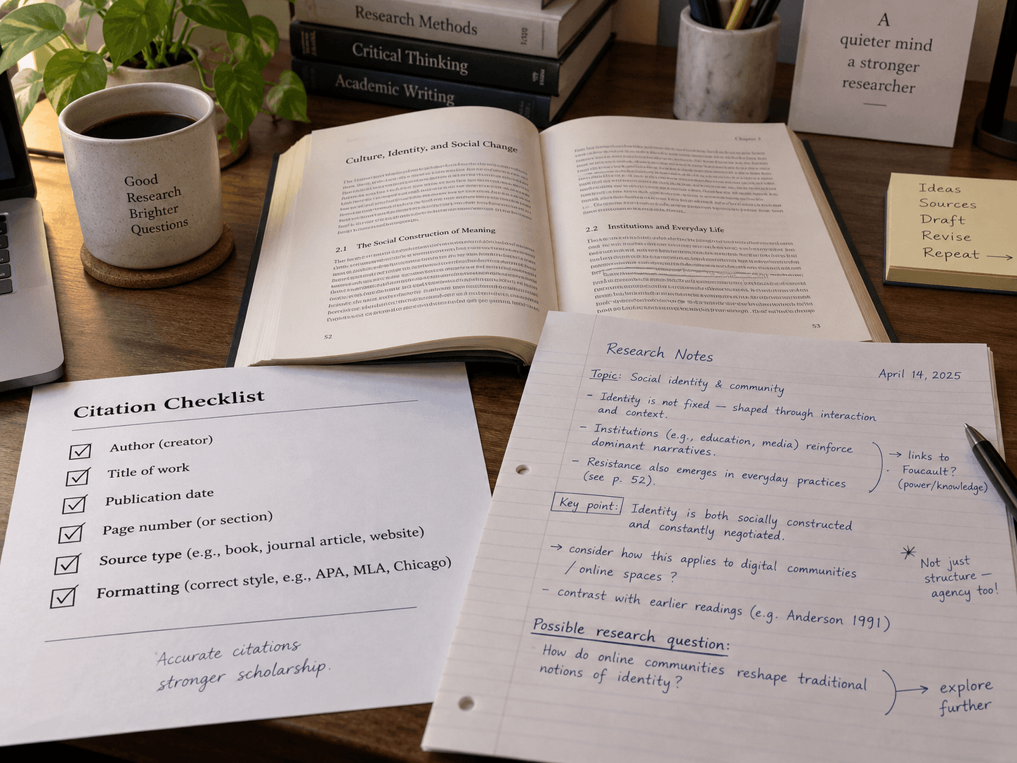 A citation checklist beside an open source text and a handwritten research note