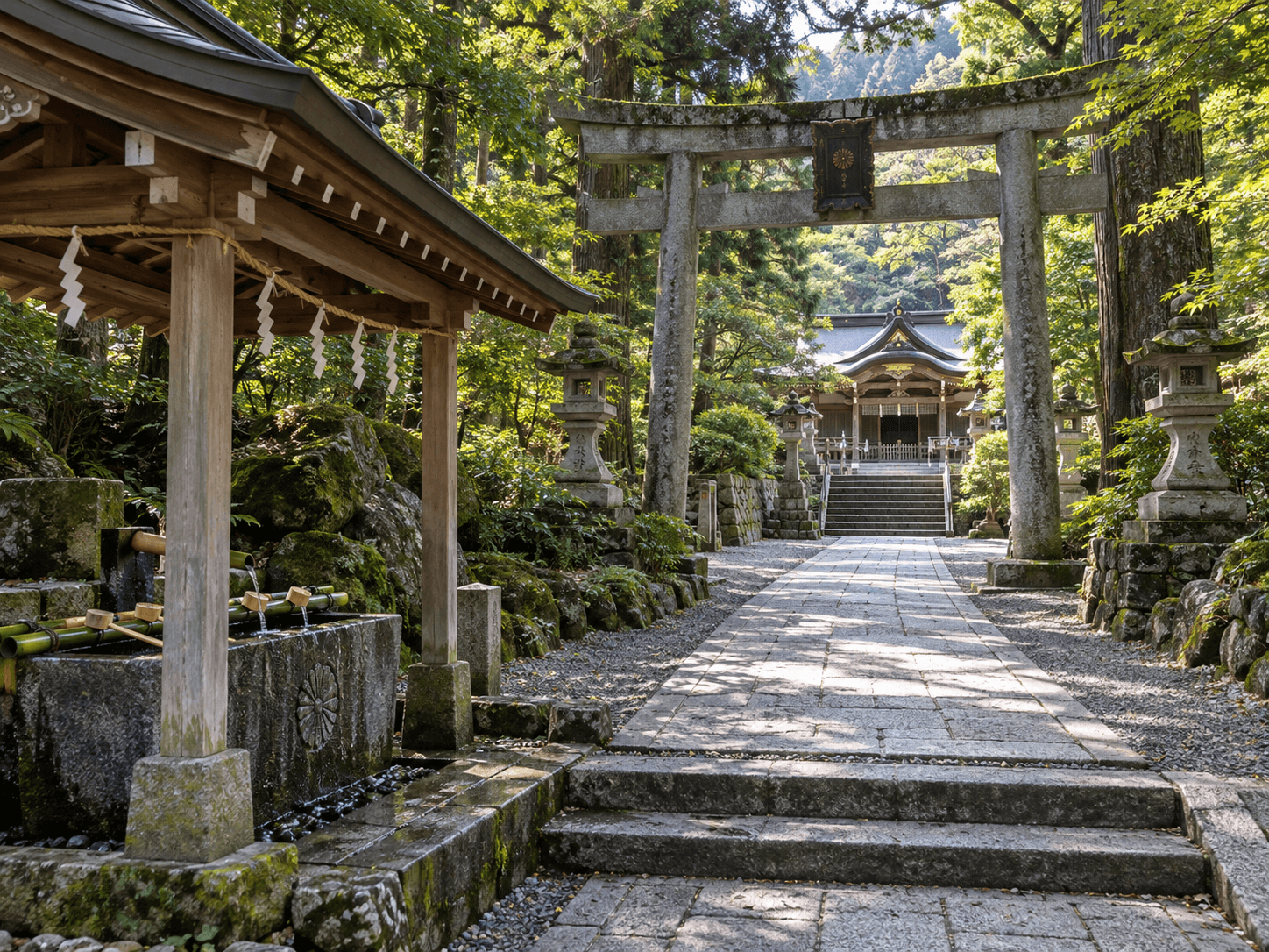 A shrine approach with a torii gate, purification basin, and trees