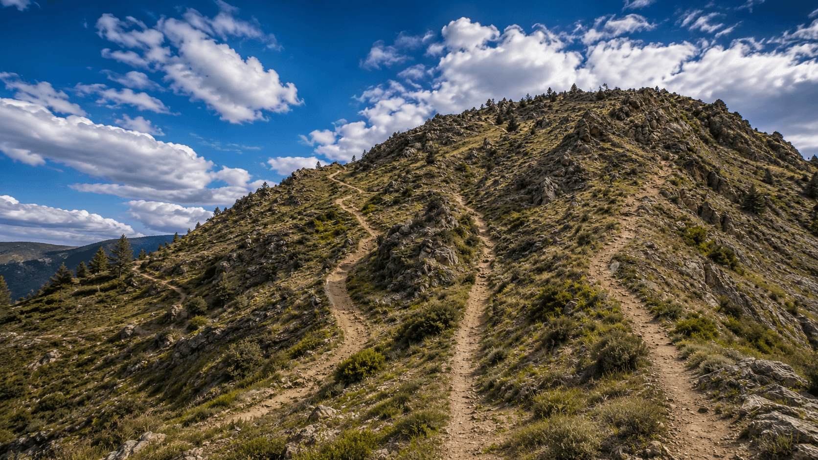 Three separate paths crossing a rocky hillside without merging into one road